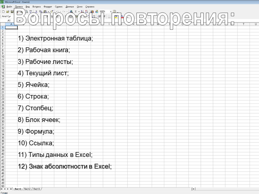 1) Электронная таблица; 2) Рабочая книга; 3) Рабочие листы; 4) Текущий лист; 5) Ячейка;